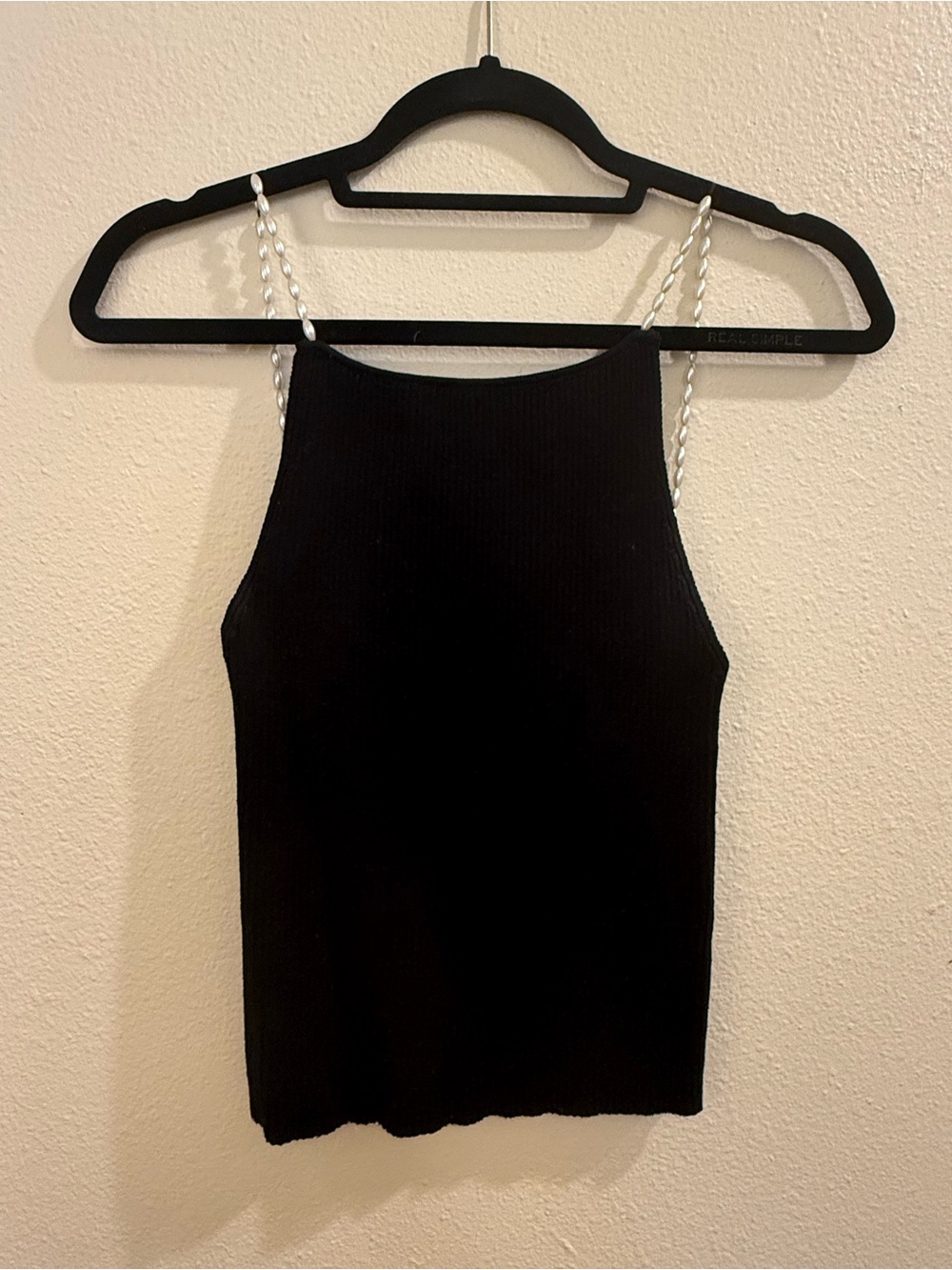 Black Ribbed Halter Tank Top with Pearl Straps